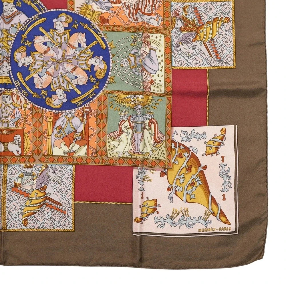 Hermès‎ Le Tarot 90cm Silk Scarf Annie Faivre Brown Gold Vintage Carre w/ Box